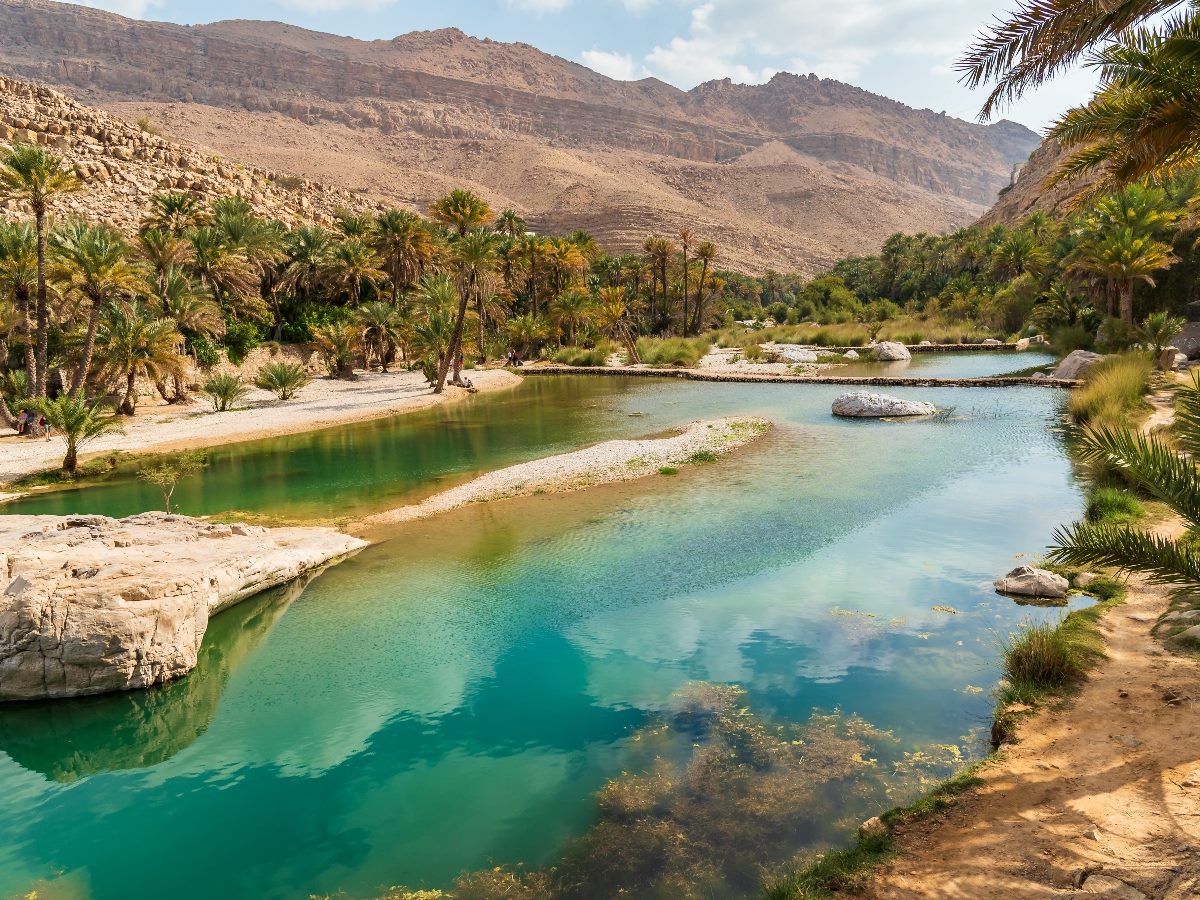 View of the Wadi Bani Khalid oasis in the desert in Sultanate of Oman. 