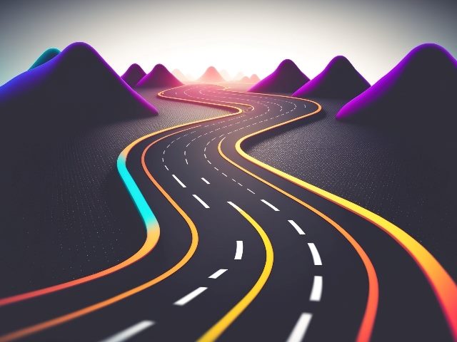 A neon colored roadmap design with blue, orange, magenta, white and yellow colors on a black road with black mountains with purple outlines in the background in piece about AI roadmaps for the upcoming year.