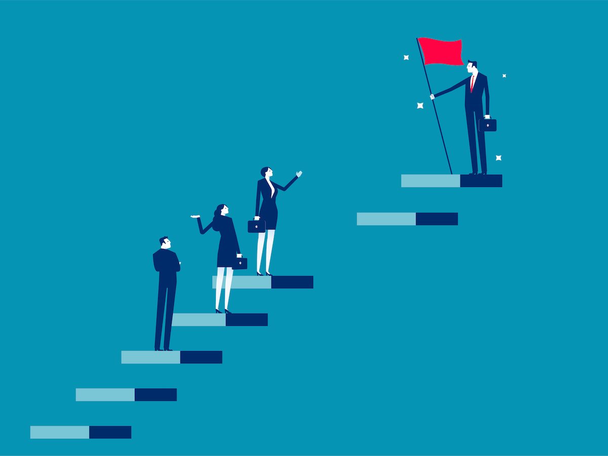 An illustration of employees walking up steps, with a gap between one employee at the top and three others near the bottom