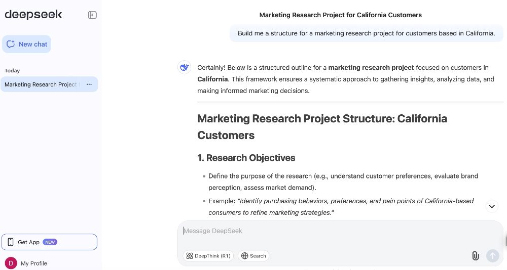Screenshot of the DeepSeek user interface with a prompt about building a structure for a marketing research project.