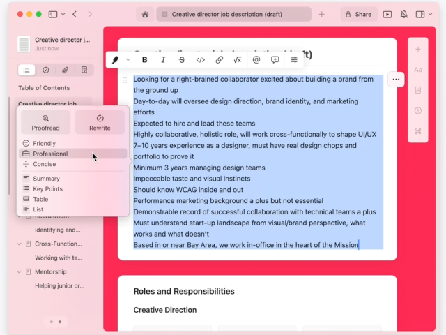 A screenshot of Apple Intelligence Writing Tools October 2024.