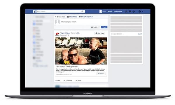 Facebook ad mockup featuring photo of father and his two children on holiday in Hawaii