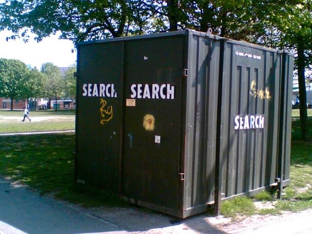 a closed industrial container with "search" written on the sides 
