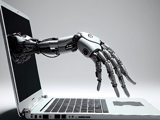 A silver robotic hand reaches out from a silver laptop screen to type generative AI writing, indicating the rise of generative AI tools in content creation. 