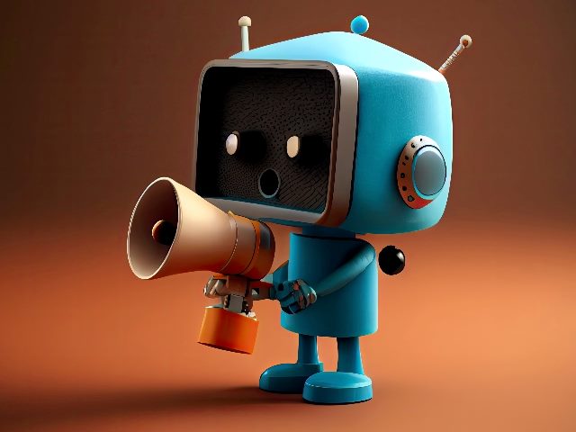 A cute blue robot holds a megaphone with a faded orange background suggesting how AI is being used in Voice of the Customer and Customer Experience.
