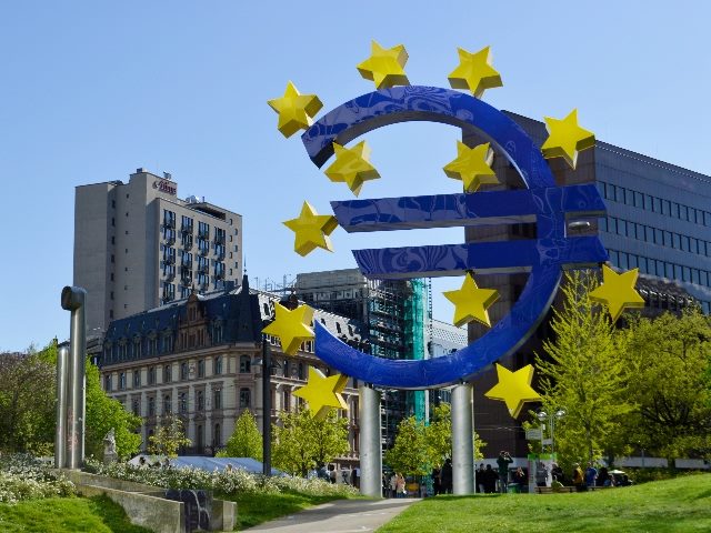 A blue structure shaped like a backwards "C" with yellow stars on it to reflect the design of the EU flag in Frankfurt, Germany.