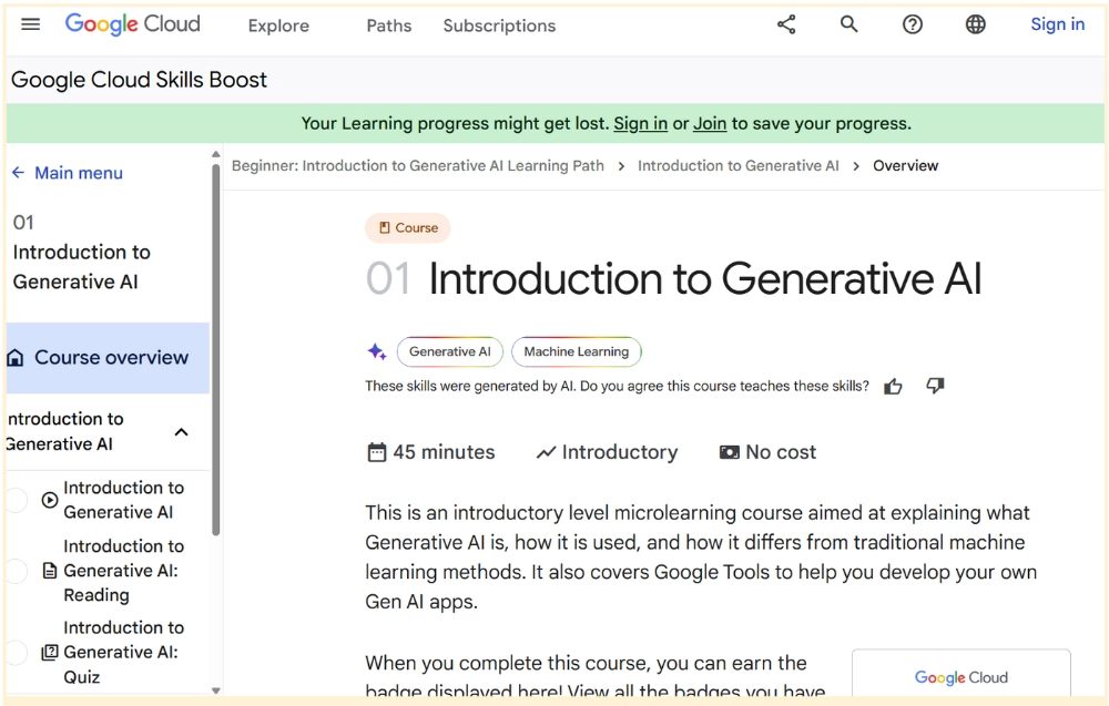 Screenshot of Google's Introduction to Generative AI course.