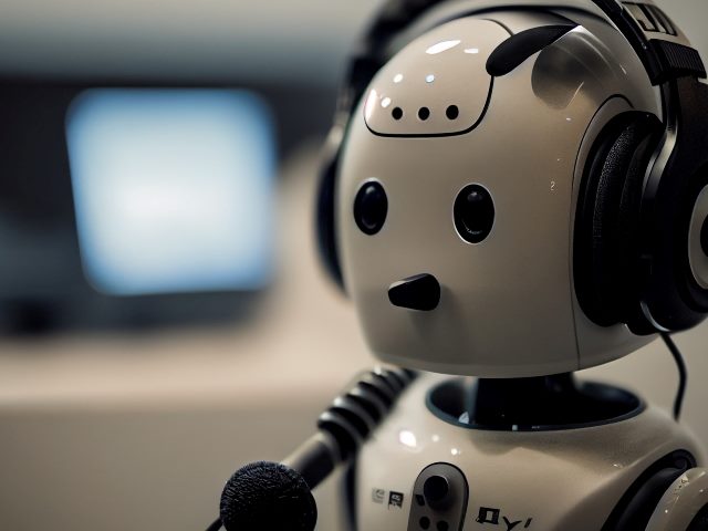 Cute white robot with black eyes and conical nose works in a call center. 