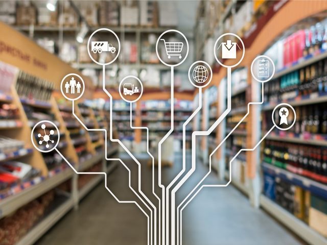 Digital web of icons, including stick figures, shopping cart, globe and truck 