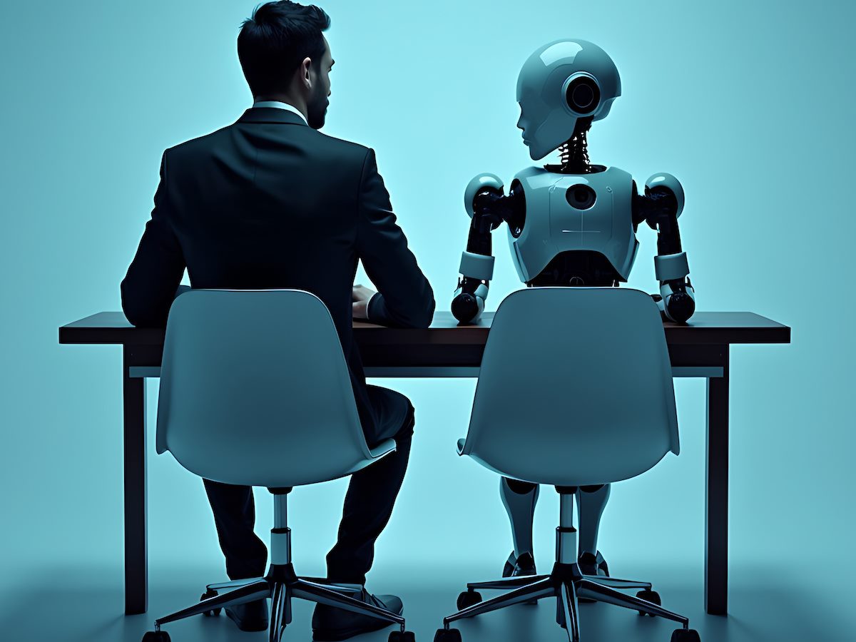 Businessman sitting next to robot