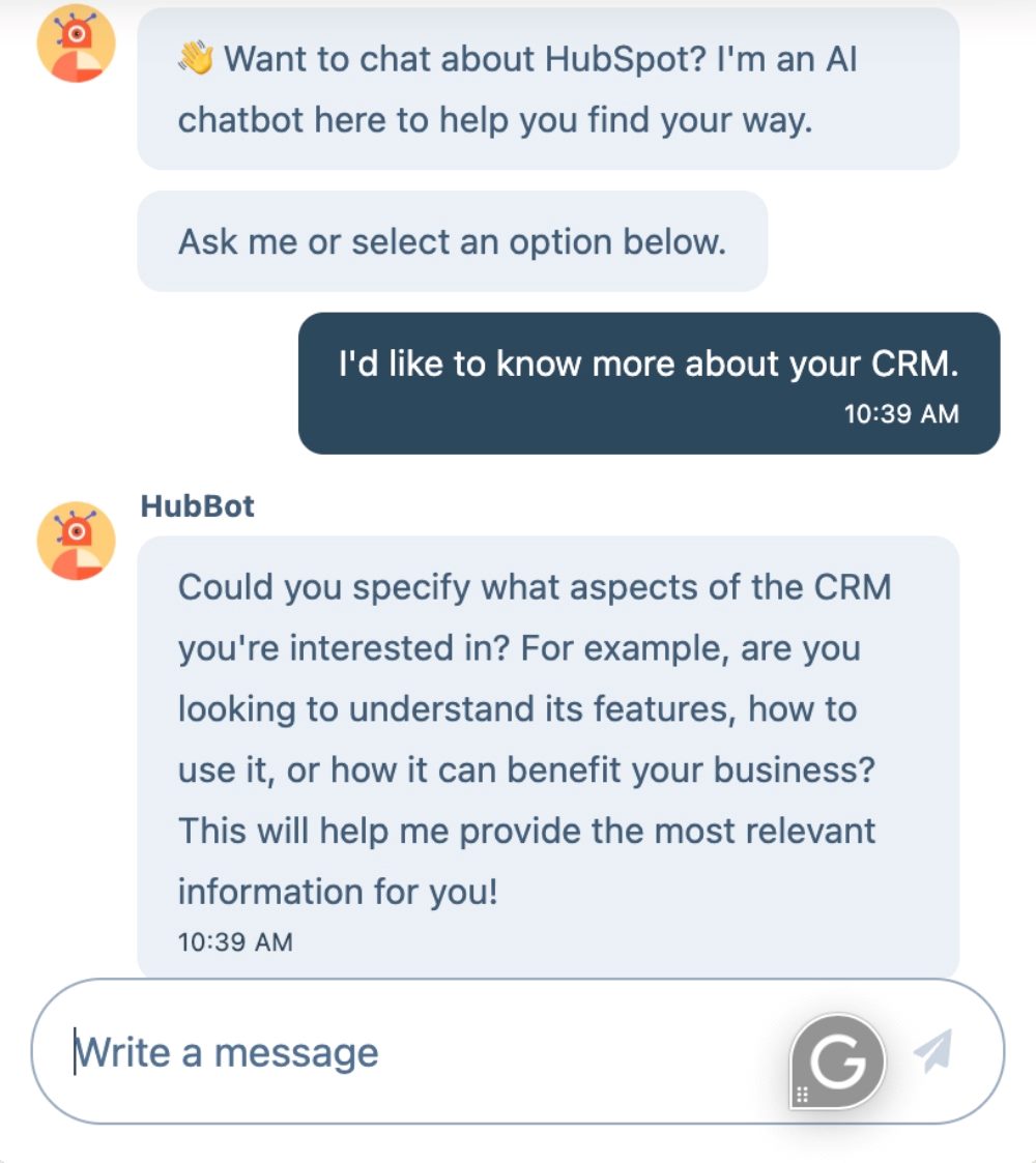 HubSpot's website chatbot in action answering a question about CRM.