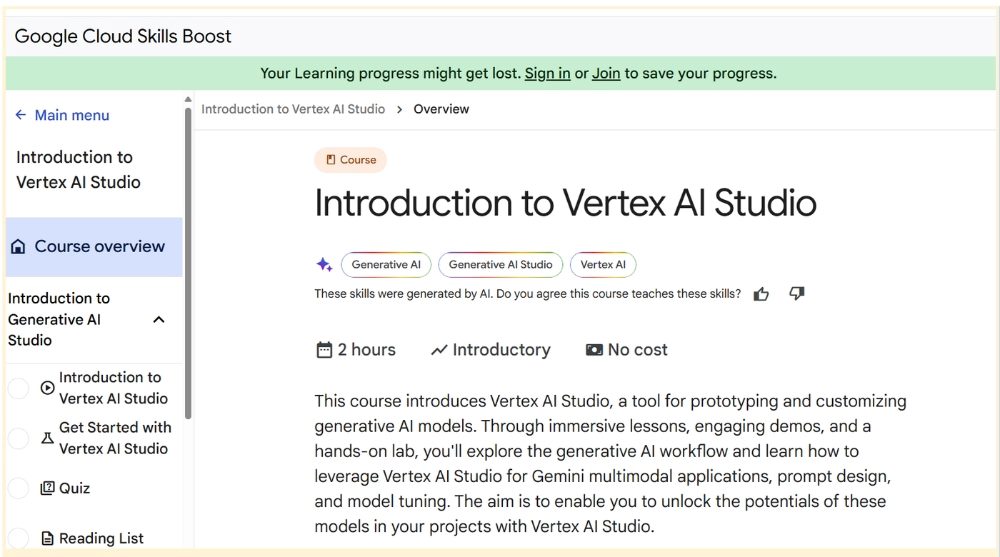 Screenshot of Google's Introduction to Vertex AI Studio course.