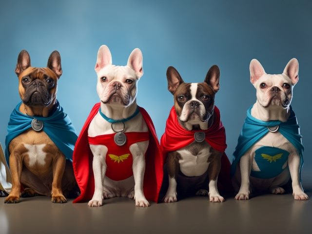 Four dogs dress up in brightly colored super hero outfits for a costume party, implying the power of generative AI in customer service.