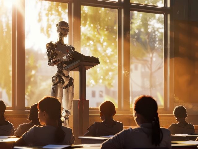  Robot teacher teaching in a classroom in an image generated with AI.
