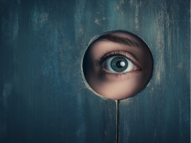 An eye looking through a hole in a wall 