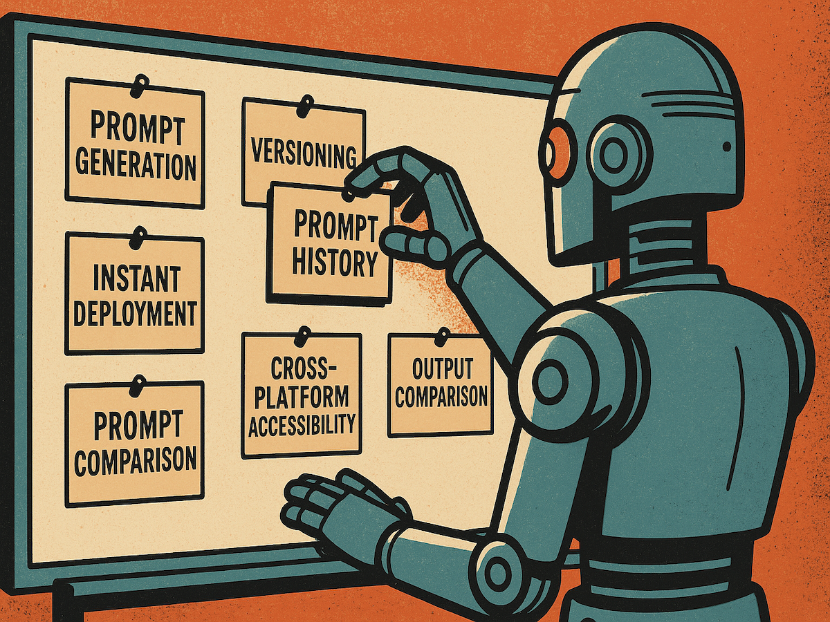 A robot arranging flashcards with words on them related to prompt management systems