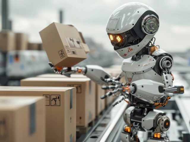  Futuristic 3D render of a robotic customs agent inspecting an international shipment, with a box in its hand on assembly line. Image created by generative AI.
