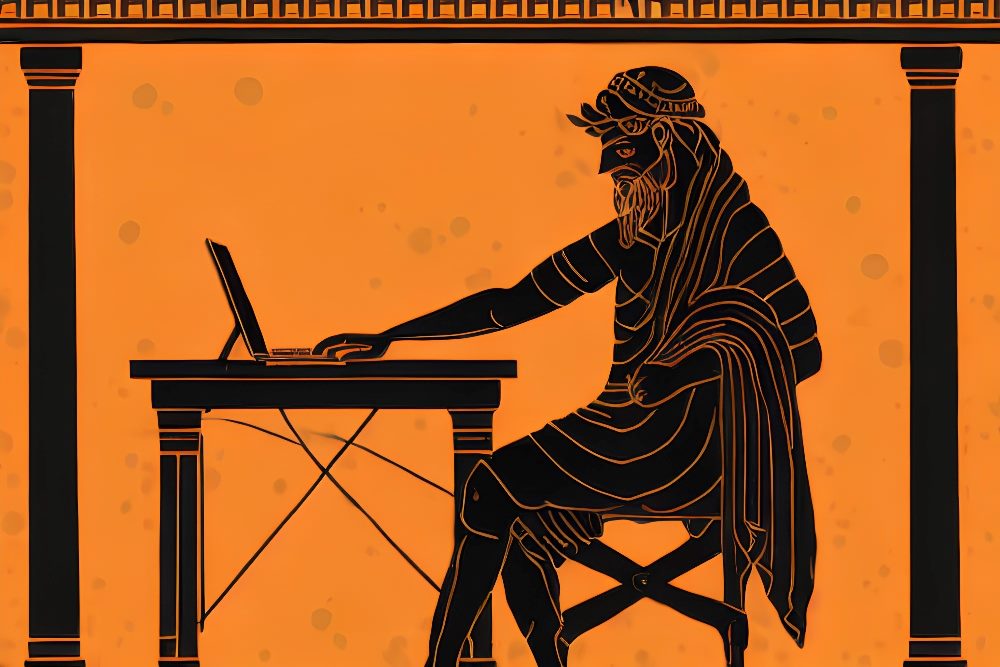 A Greek mythology character, a silhouette of Zeus using a modern laptop computer on an orange background in the style of ancient amphora painting in piece about the history of artificial intelligence.