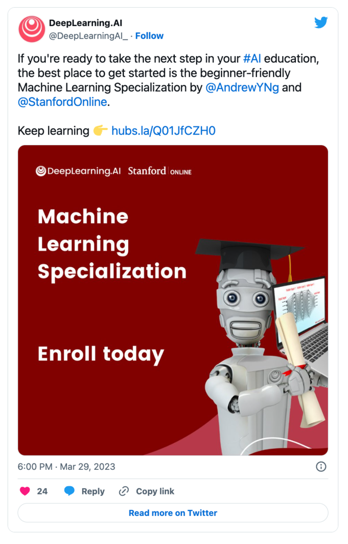 DeepLearning.AI tweet on their machine learning specialization.