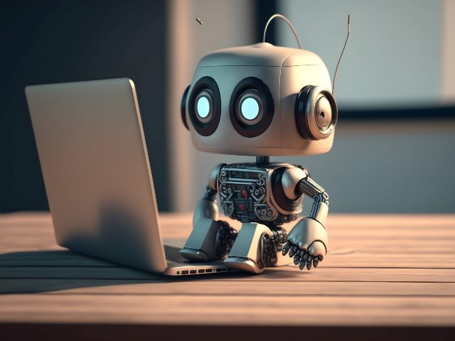 Chat robot typing on a laptop sitting on a table. 