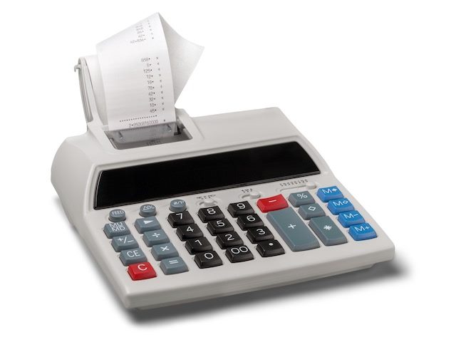 calculator with paper tape isolated on a blank background