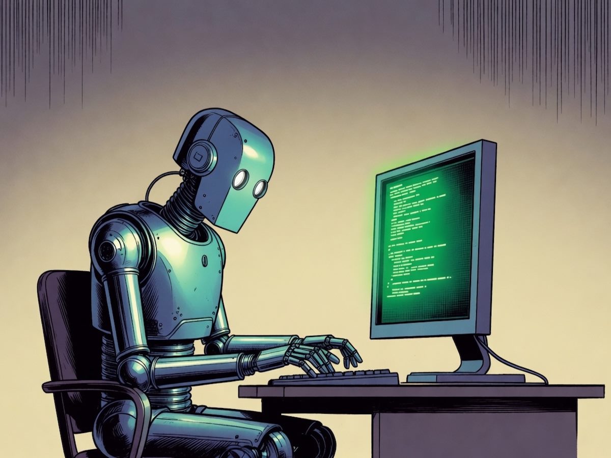 A robot sitting at a computer typing code