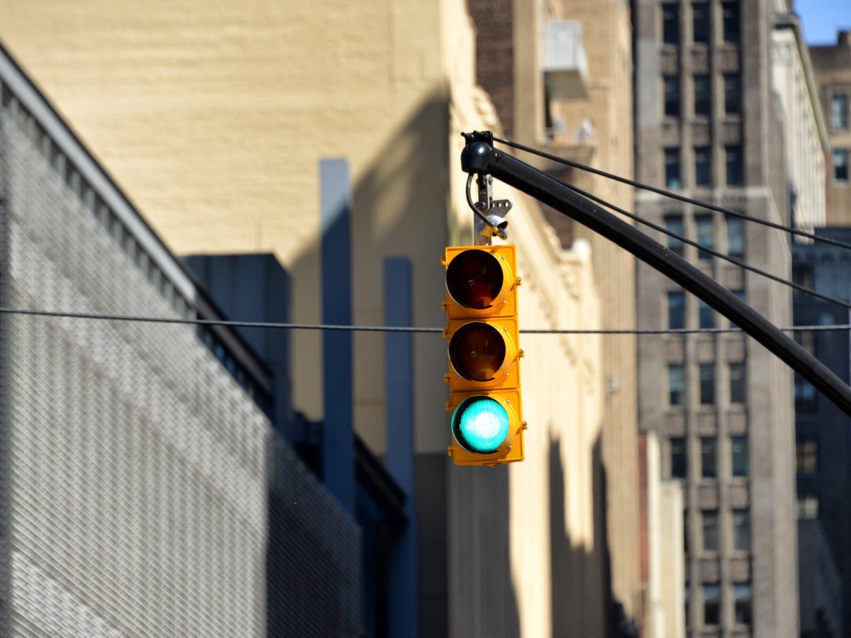 Traffic light with green light in New York City.