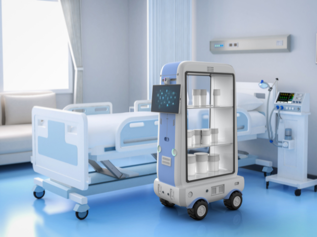 A cart robot in a hospital room