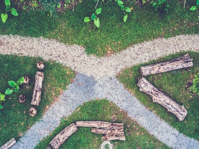 A converging set of wooded trails with big logs carved out for benches - technology converging concept