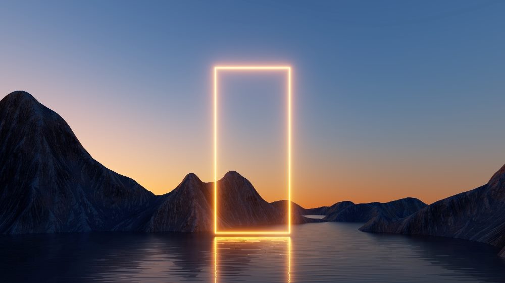 Abstract futuristic scene with sunset or sunrise and glowing neon rectangular portal. Mystical landscape with rocks and reflection in the water in piece3 about the future of AI in ecommerce.