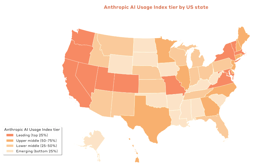 Graphic showing Claude usage by US state