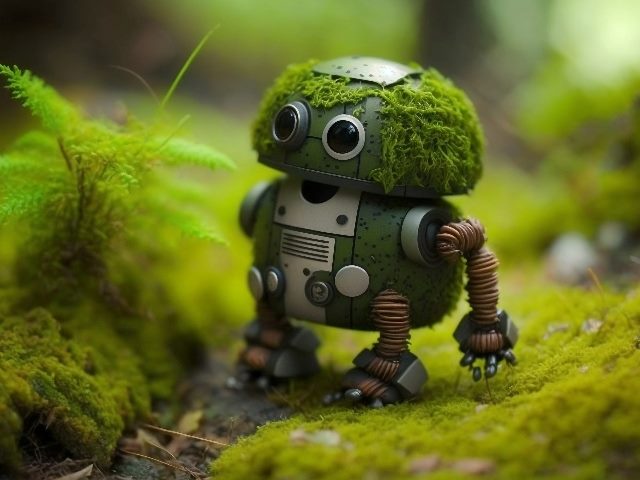 A small modern green robot walks in the forest and is covered in green moss, indicating the importance of AI in customer experience.
