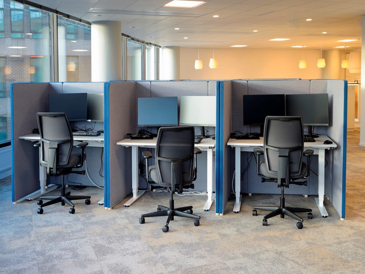 Empty office chairs at cubicles