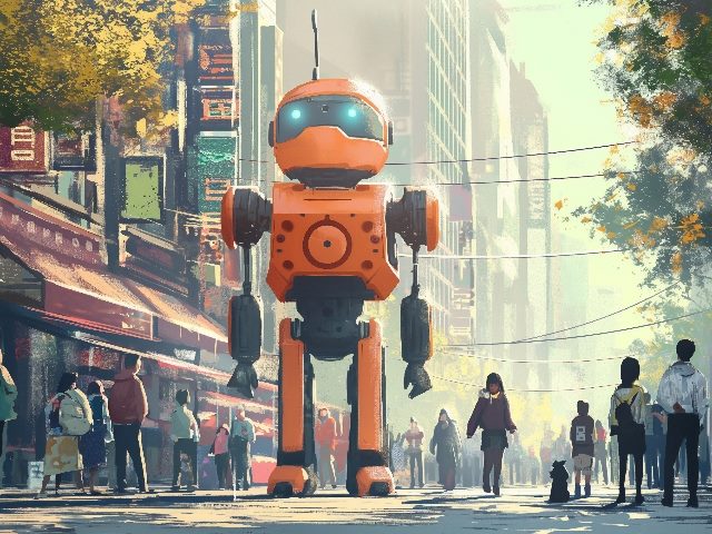 In an image generated by artificial intelligence, a big robot, 5-7 times the size of humans, walks among a crowd on a busy city street in a futuristic city.
