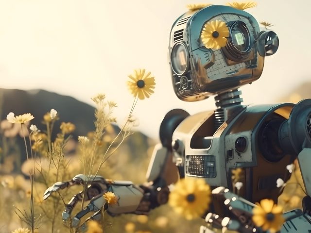 A vintage style robot standing in a field of flowers.The robot also has flowers on his head, which resembles a video camera. 
