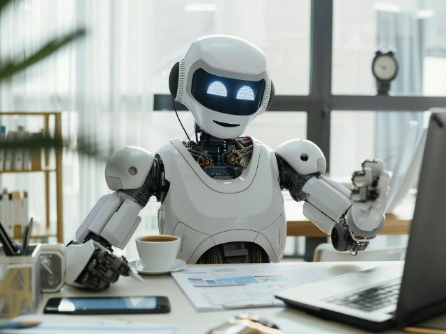 A robot sitting at a desk and using a computer