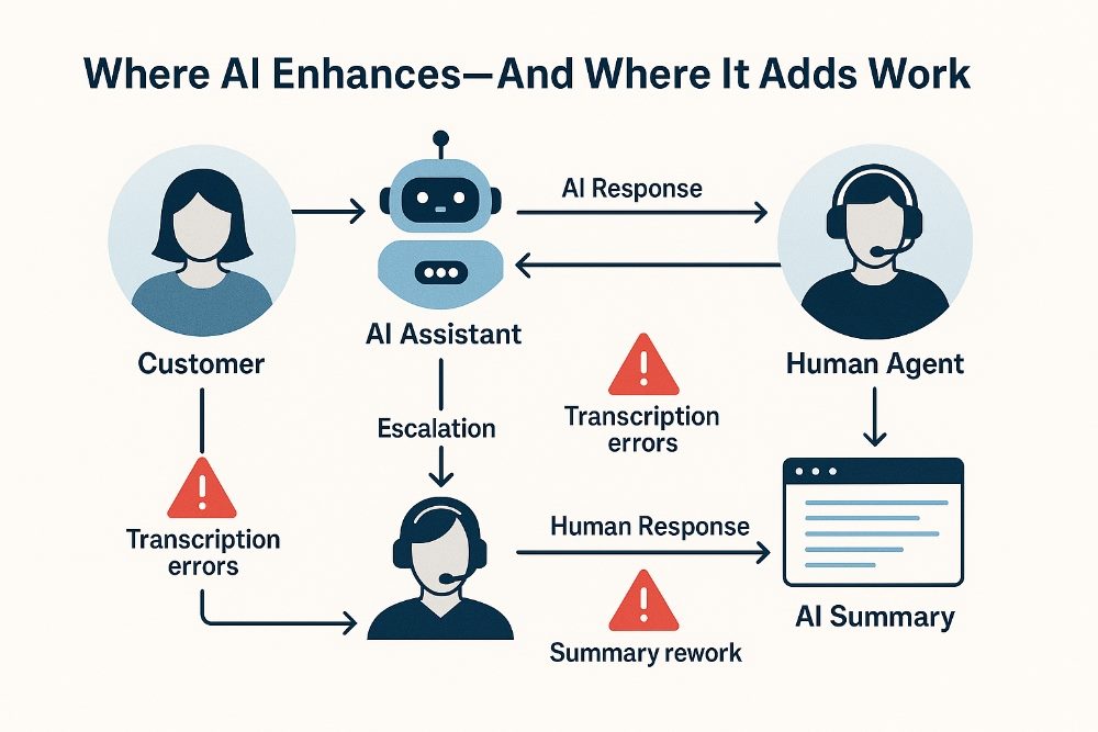 A flowchart-style illustration titled “Where AI Enhances—and Where It Adds Work,” showing a customer interaction path through a conversational AI assistant, escalation to a human agent, and AI-generated summaries, with icons highlighting friction points like transcription errors and manual summary edits.