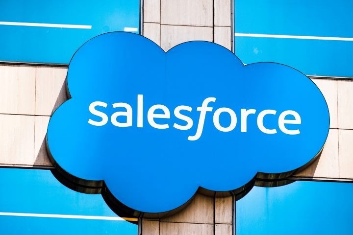 Close up of Salesforce logo displayed on one of their towers in downtown San Francisco.