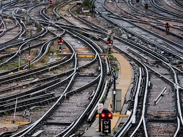 Dizzying array of train track connectors going every which way and traffic lights