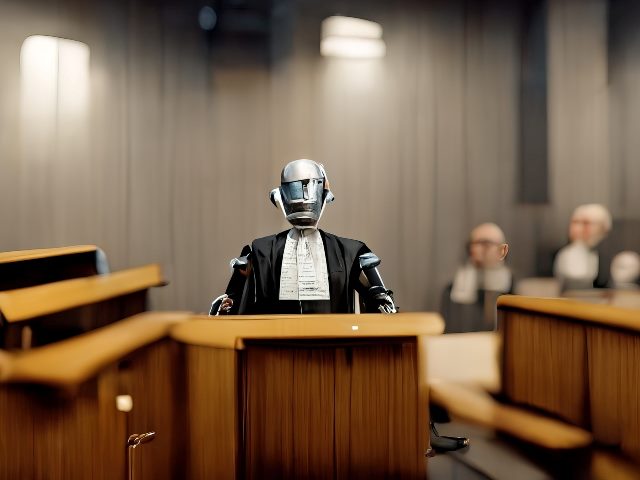 A robot-lawyer-witness illustration sits in a courtroom. 