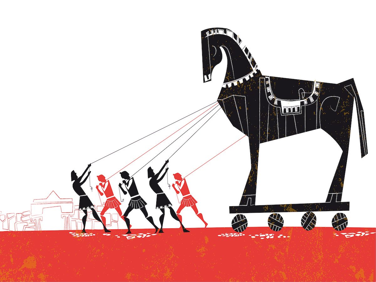 An illustration of a group of five people pulling a trojan horse