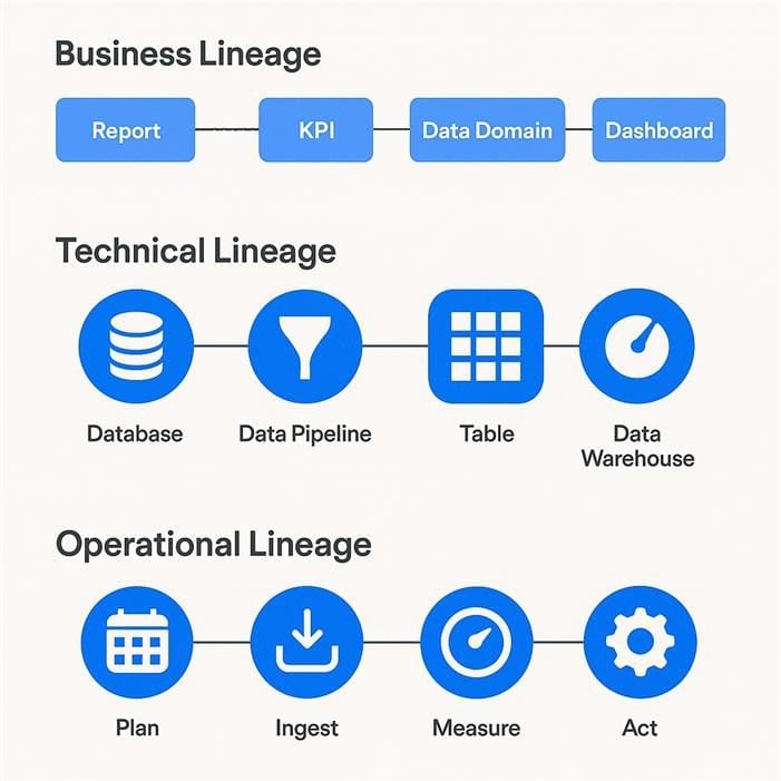 Flowchart illustrating the three types of data lineage: business lineage shows high-level data movement across departments; technical lineage details system-to-system data flows and transformations; operational lineage tracks real-time pipeline activity and performance.