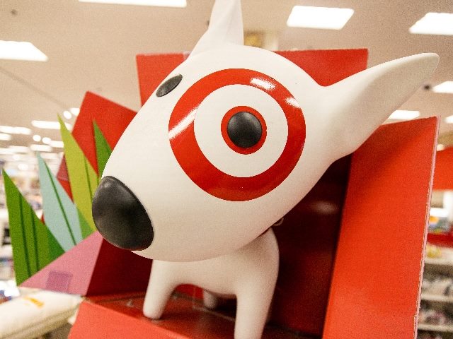 View of a bullseye/dog mascot display coming out of a red box in Target store. Bullseye is a Bull Terrier dog and the official mascot of Target Corporation. 