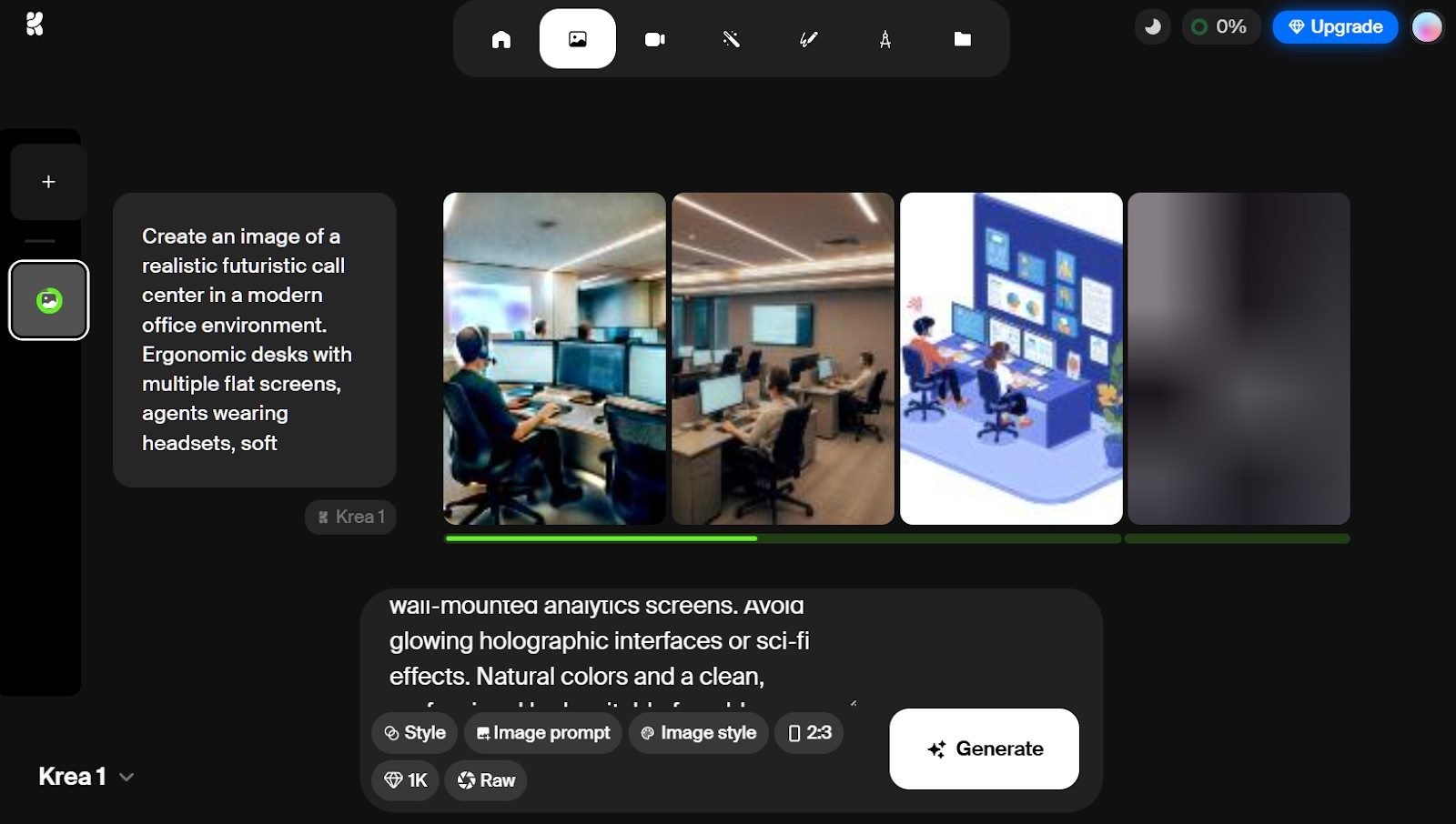 Like the others, we ask Krea to create an image based on the following prompt: Create an image of a realistic futuristic call center in a modern office environment. Ergonomic desks with multiple flat screens, agents wearing headsets, soft ambient lighting, and subtle automation elements like wall‑mounted analytics screens. Avoid glowing holographic interfaces or sci‑fi effects. Natural colors and a clean, professional look suitable for a blog article.
