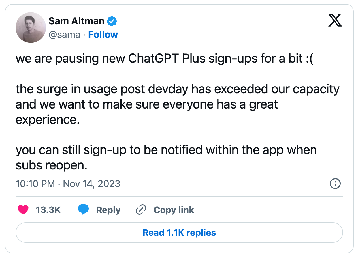 Sam Altman tweet on pausing ChatGPT Plus subscriptions temporarily.
