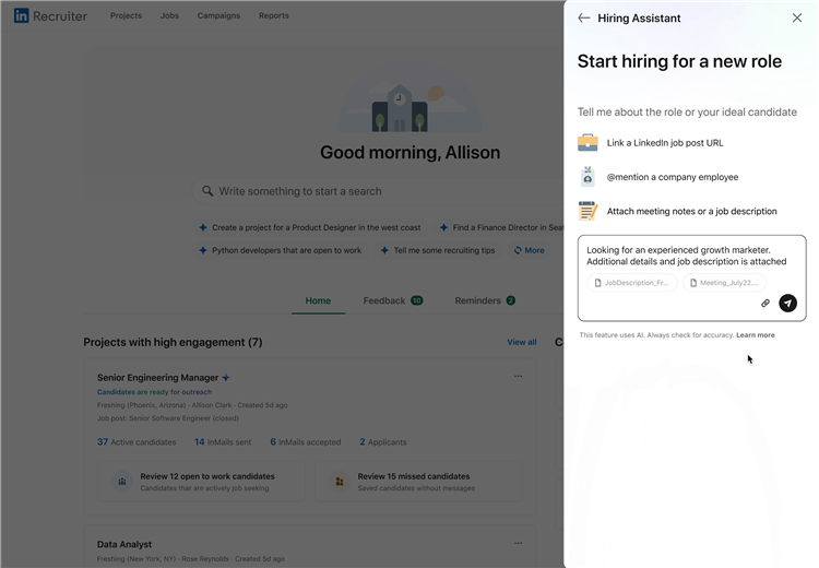 LinkedIn Hiring Assistant at the start of the recruiting process