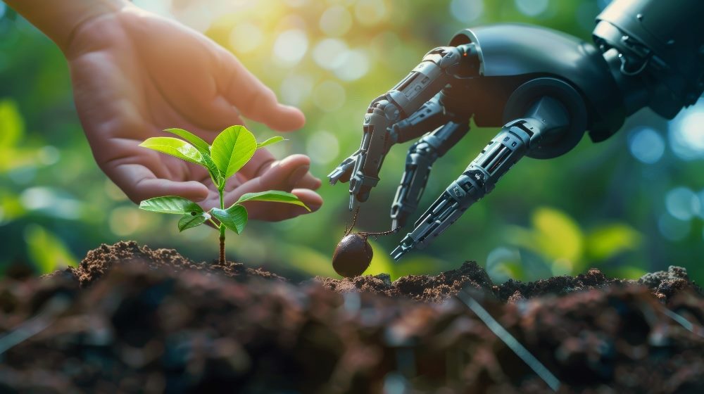 This image depicts a striking visual of human-machine collaboration. On the left, a human hand gently supports a young, vibrant green plant sprouting from the soil. On the right, a robotic arm with detailed and intricate mechanics mirrors the human gesture, assisting in nurturing the plant. The background is softly focused on a sunlit, natural environment, enhancing the symbolic representation of technology and humanity working in harmony to foster life and growth in piece about the human-machine imperative.
