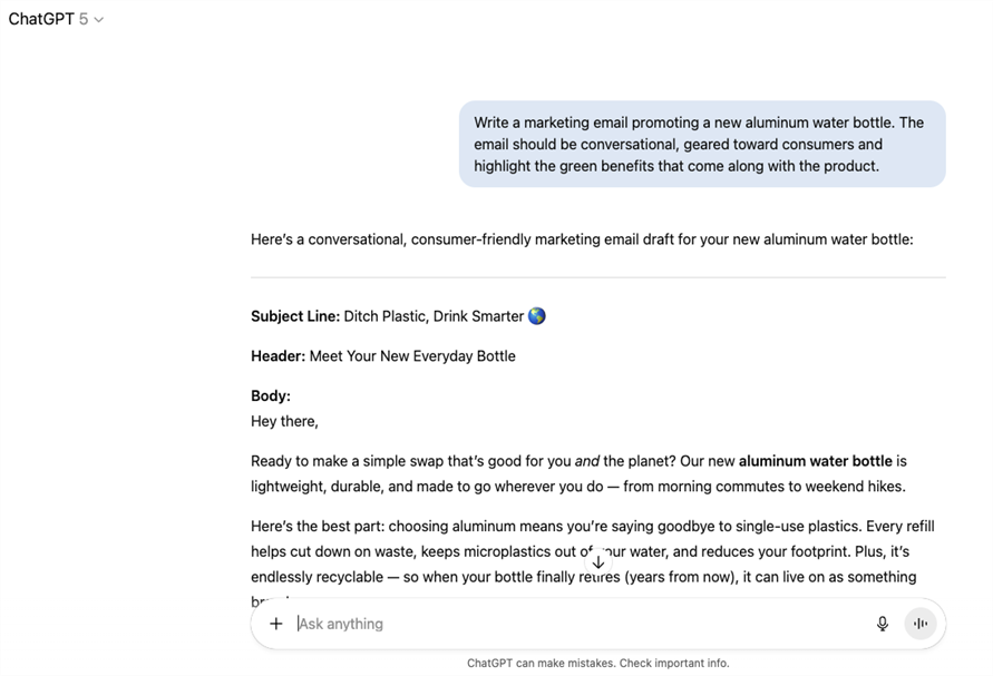 ChatGPT's response to a request for a marketing email promoting a water bottle