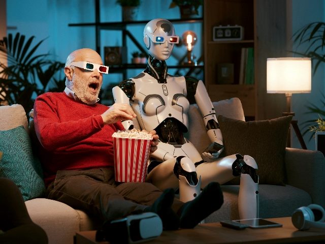 A man in a red sweater holding a red striped box of pop corn watches movie with a robot with both wearing 3-D glasses, suggesting the need to alleviate fear of AI in customer service. 