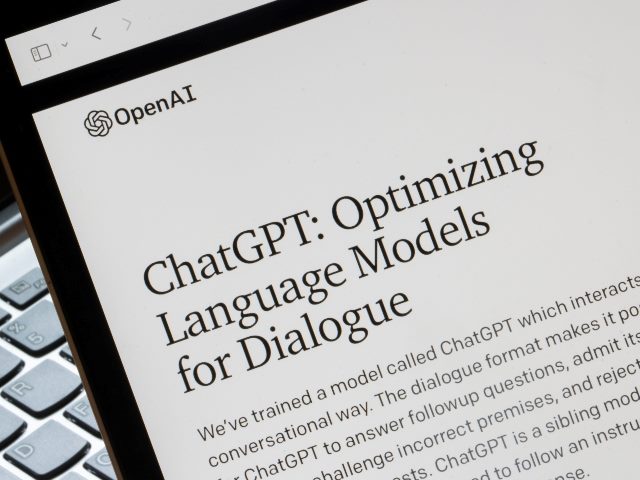 Webpage of ChatGPT is seen on OpenAI's website on a computer. ChatGPT is a prototype artificial intelligence chatbot developed by OpenAI that specializes in dialogue. The text is about training and optimizing ChatGPT in black lettering against a white background. 
